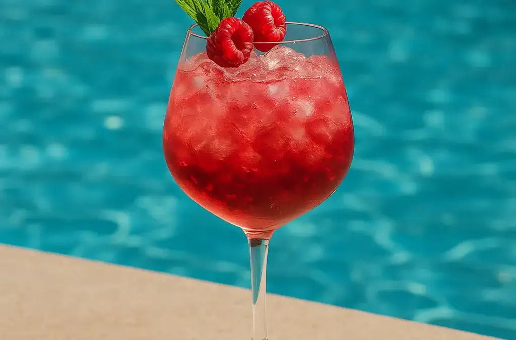 Cette image représente le spritz à la framboise au bord d'une piscine.