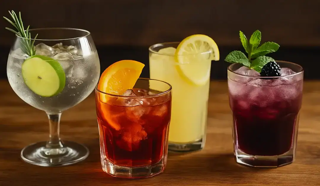 Quatre cocktails colorés servis sur une table en bois : gin tonic au citron vert, negroni à l’orange, cocktail citronné, et bramble à la mûre avec menthe.